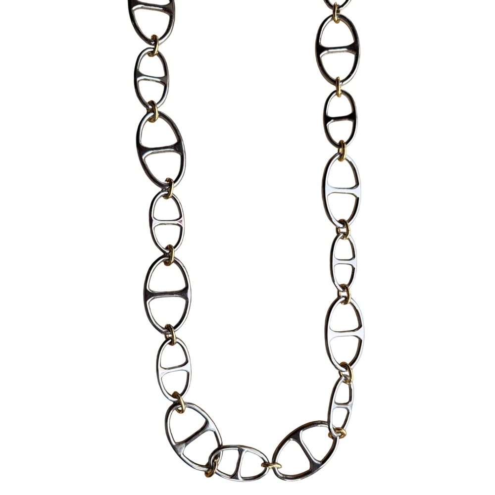 Two Tone Silver and Gold Anchor Link Mariner Chain‎ Long Necklace Layering